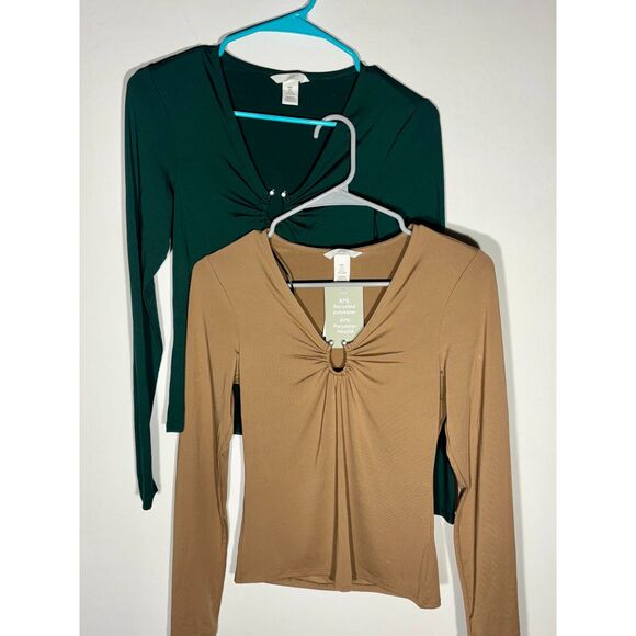 H&M Long Sleeve Keyhole Ruched Front Top Brown & Green Lot of 2 Women’s Sz S - Picture 1 of 10